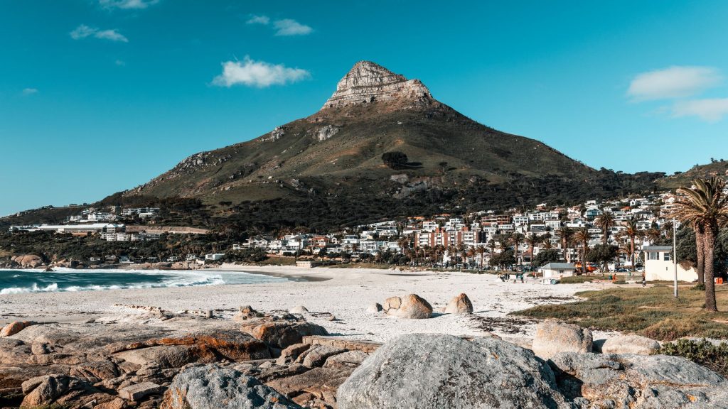 Clifton Beach with Lion’s Head and the coastline in Cape Town.