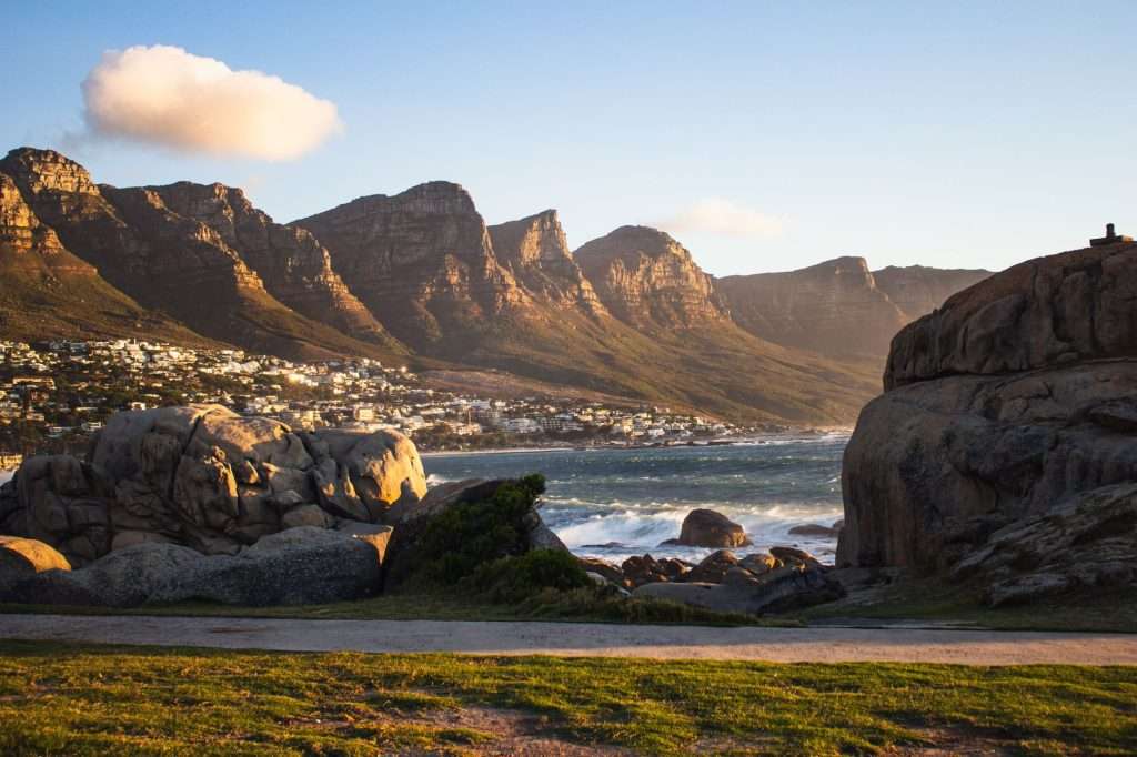 Stunning view of the Twelve Apostles mountain range in Cape Town, South Africa, at sunset.