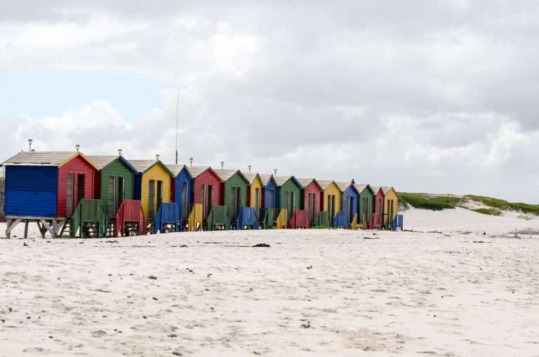 Colourful beach huts on Muizenberg Beach in False Bay.