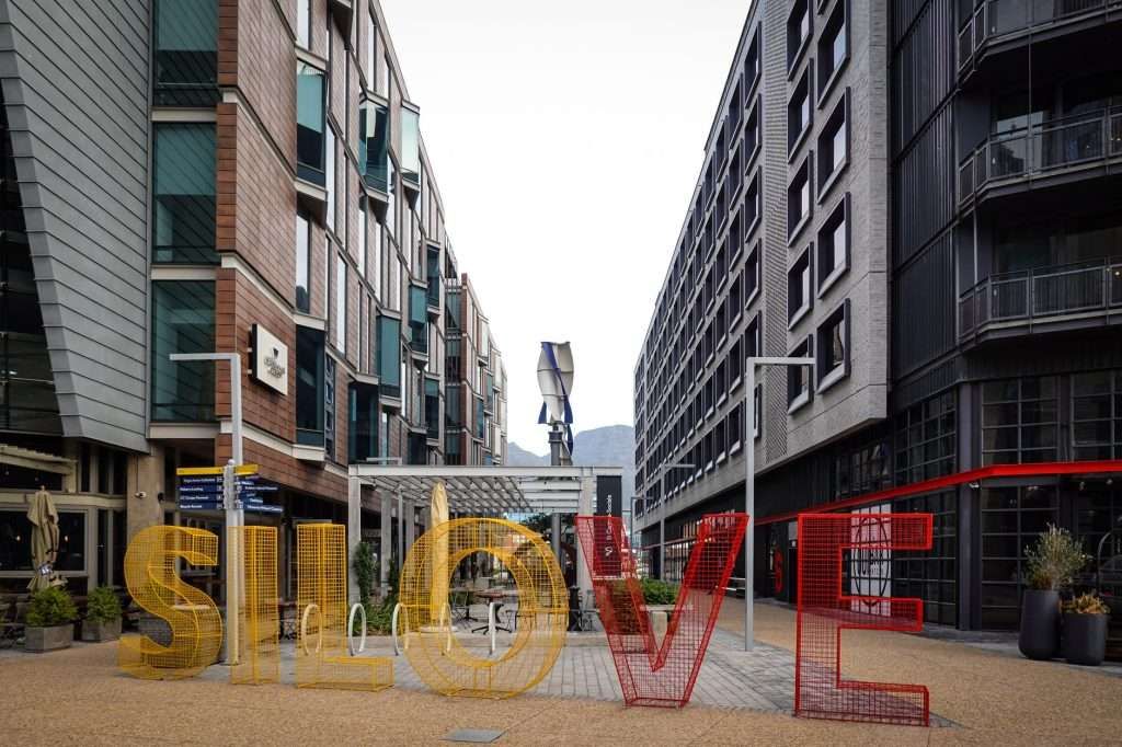 Silo District architecture at the V&A Waterfront with the colourful SILO LOVE sculpture.