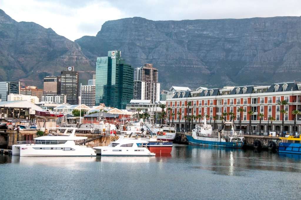 Cape Town harbour with Table Mountain in the background.
